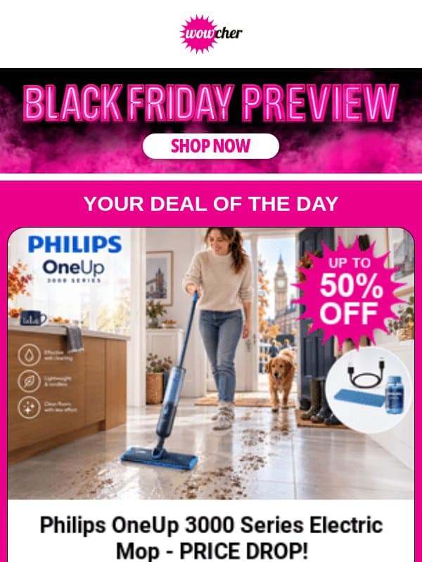Philips OneUp 3000 Series Electric Mop - PRICE DROP! | Canon PowerShot SX 740 HS | Lacoste Men's Long-Sleeve Polo Shirt | Ultimate Tech Mystery Deal email from Wowcher