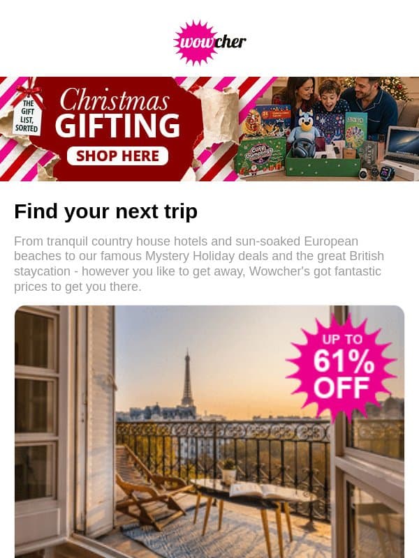 Paris City Break with Hotel & Flights | 4* North Yorkshire Spa Break for 2 | 4* Copenhagen Christmas Market Hotel Stay | 4* Derwent Manor DBB Stay | All-Inclusive Rhodes Beach Escape email from Wowcher