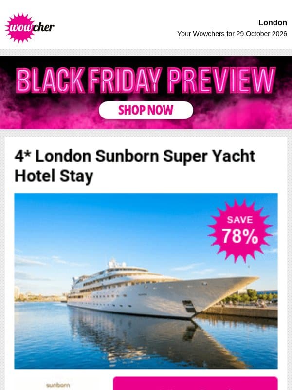 4* London Sunborn Super Yacht Hotel Stay | iFLY Indoor Skydiving | 4* Greenwoods Hotel Spa Day, Essex - PRICE DROP! | Seafood Boil, 2 Sides & Drink for Two email from Wowcher