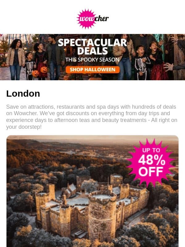 4* Peckforton Castle Stay for 2 | 4* Sunborn Luxury Yacht Dining | Bannatyne Luxury Spa Day | Sherwood Forest Luxury Lodge Stay | London Christmas Lights Open Top Bus Tour email from Wowcher