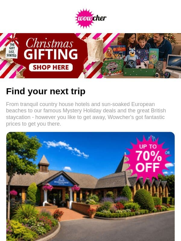 4* Bridgewood Manor Kent Spa Stay | All-Inclusive Algarve Escape with Flights | 4* Midland Manchester Stay for 2 | Rome & Venice Twin City Escape: Hotels & Flights | 4* Milton Hill House Spa Break for 2 email from Wowcher