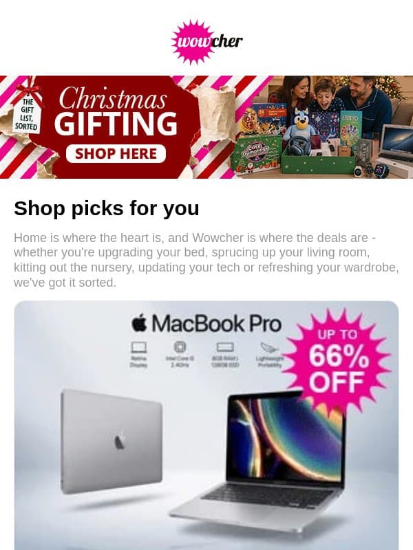 Apple MacBook Pro 13" 2012 - PRICE DROP! | Cube Plush Divan Bed with Mattress | Luxury Alcohol Christmas Crackers | Bluey Dough Mega Set with Tools | Chlo L'Eau Parfum Intense & Lotion Set email from Wowcher