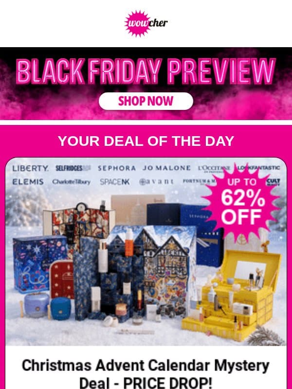 Christmas Advent Calendar Mystery Deal - PRICE DROP! | 7FT Artificial Christmas Tree - PRICE DROP! | Corduroy 3-Seater Sofa & Ottoman - PRICE DROP! | Retro GameStick Console 4K with 40,000+ Games - PRICE DROP! email from Wowcher