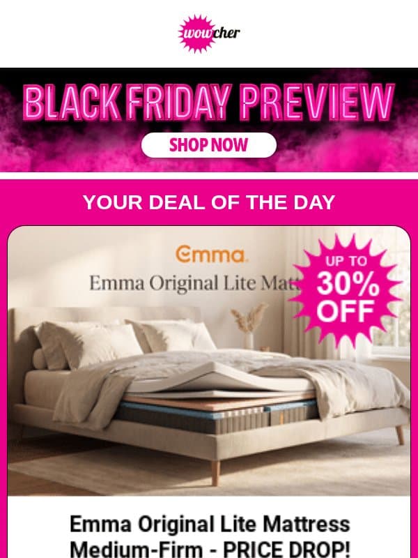 Emma Original Lite Mattress Medium-Firm - PRICE DROP! | 4ft x 6ft Metal Garden Shed - CLEARANCE! | Heated Clothes Airer Rack with Wings - PRICE DROP! | Vivienne Westwood 45mm Pink Watch - PRICE DROP! email from Wowcher