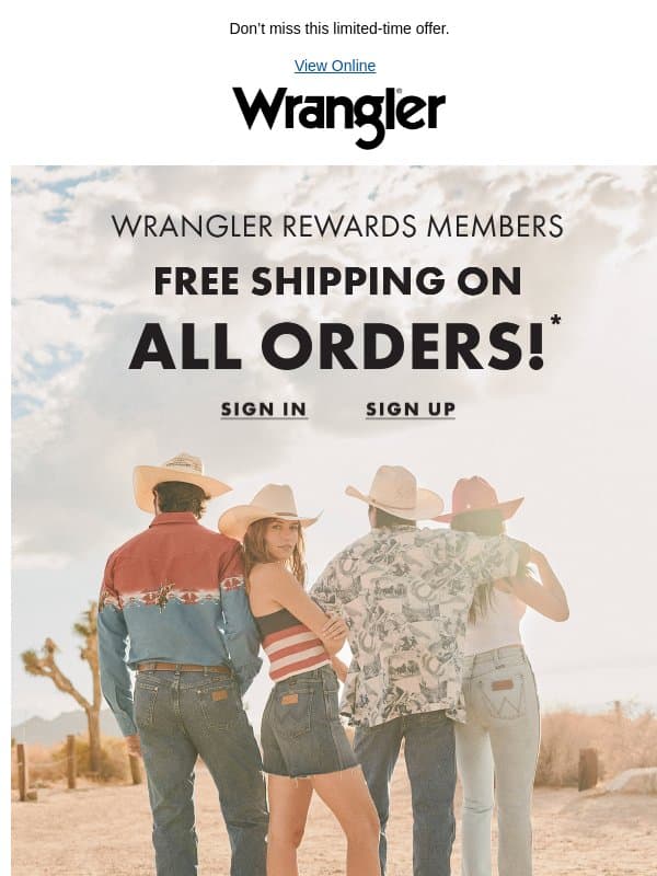Free shipping for members + 40% off sale? Yes please! email from Wrangler