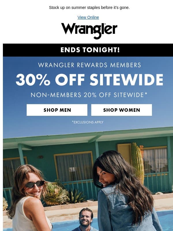 Ends tonight: 30% off sitewide email from Wrangler