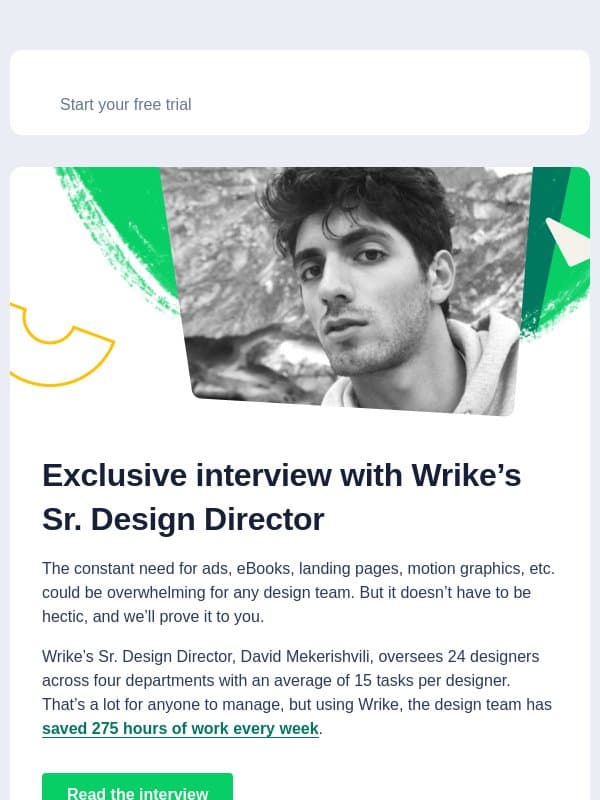 Save 275 hours of work every week with Wrike (no joke) email from Wrike