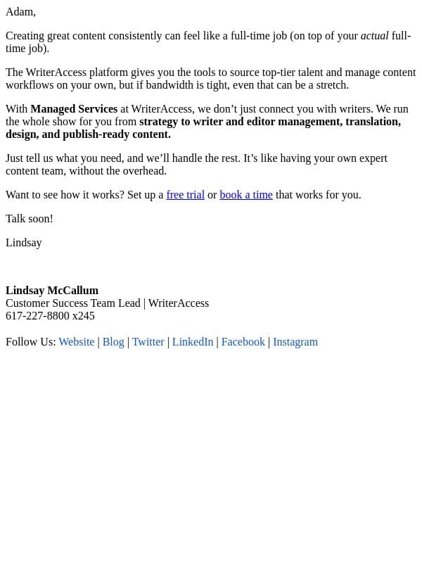 Get a full content team - without hiring one email from WriterAccess screenshot