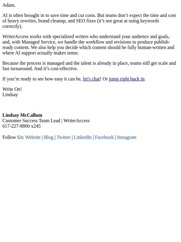 AI saves time. Until it doesn’t. email from WriterAccess screenshot