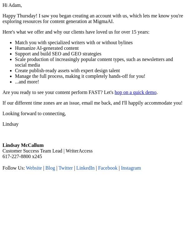Almost done! Let’s kickstart your content plan for MigmaAI email from WriterAccess screenshot