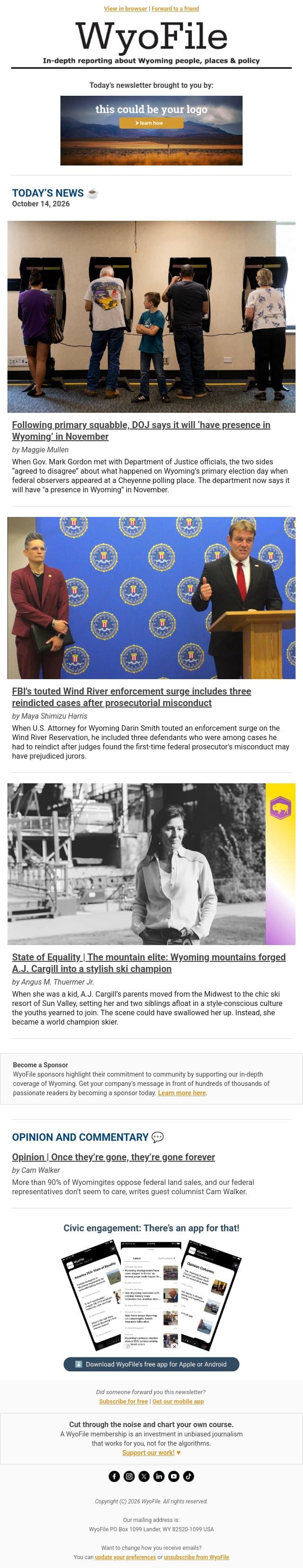 Will federal election monitors be at your polling place? email from WyoFile screenshot