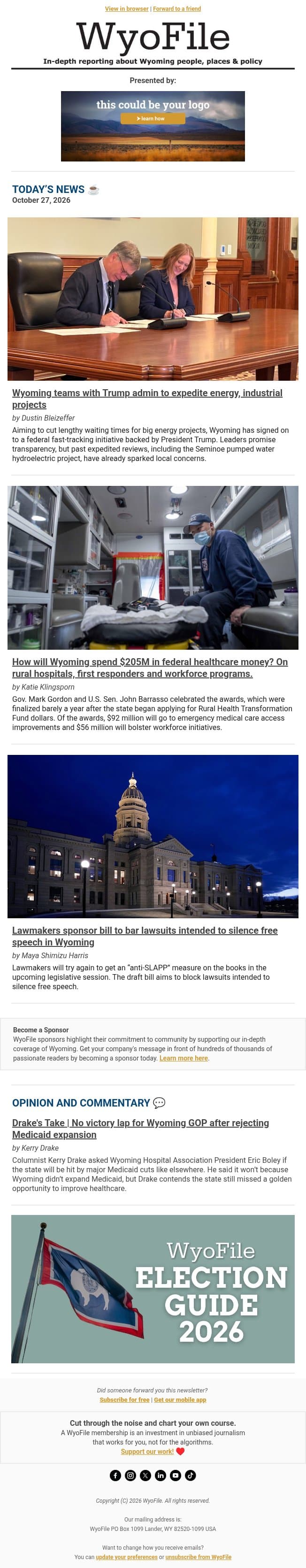 Fast-tracked energy projects email from WyoFile screenshot