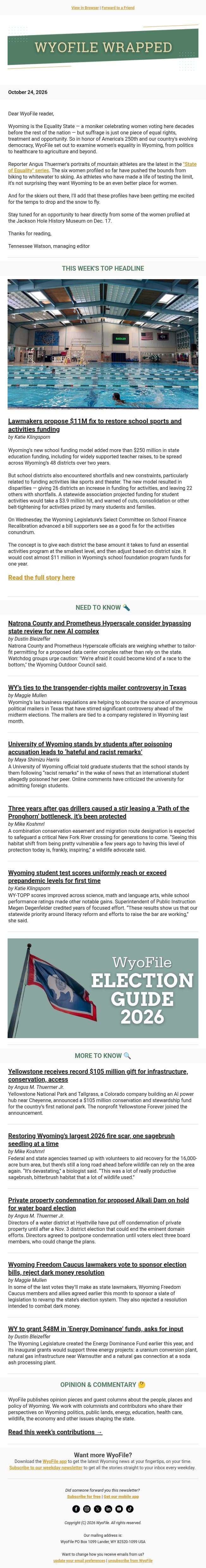 Wrapped — School activities funding | AI complex shortcut | New pronghorn protection email from WyoFile screenshot