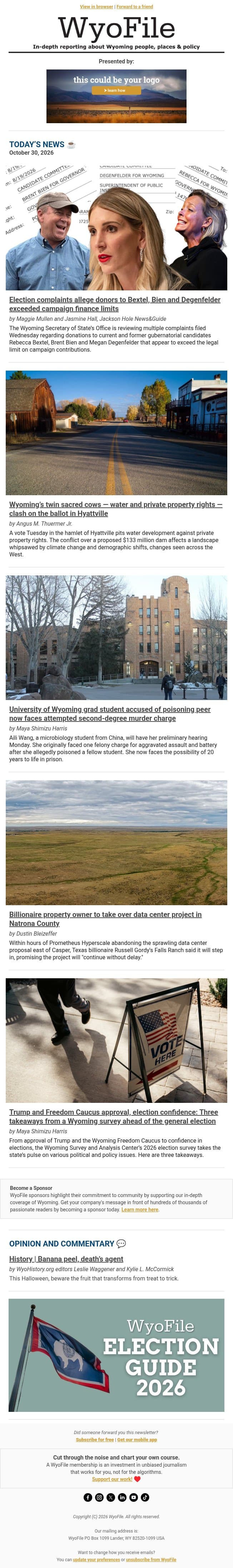 Campaign finance complaints email from WyoFile screenshot