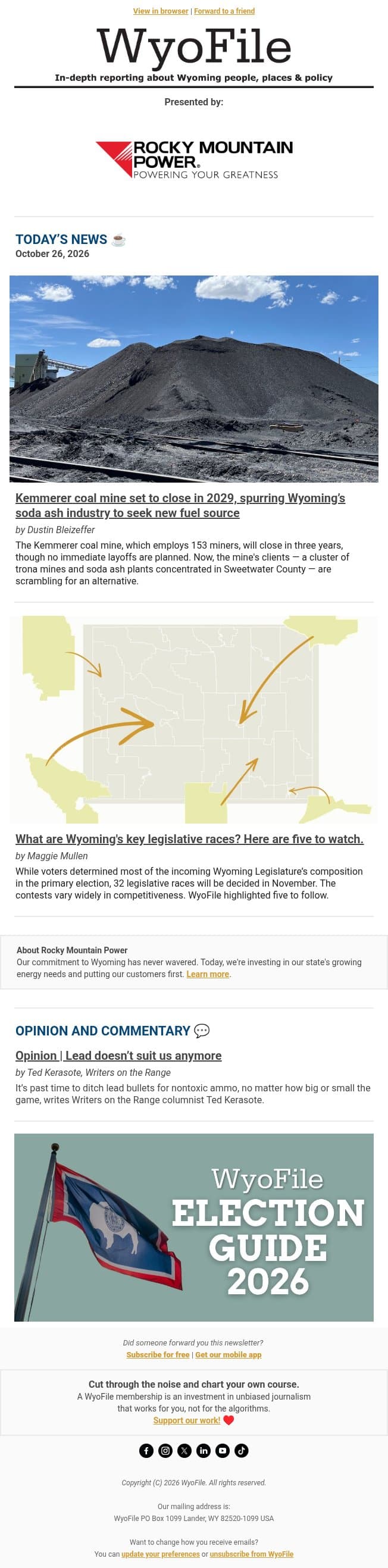 Coal mine closure email from WyoFile screenshot