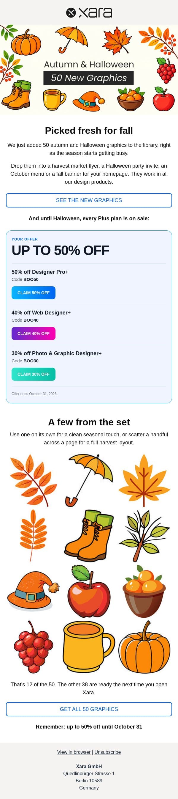 Just in: 50 autumn and Halloween graphics 🎃 email from Xara Web Designer screenshot