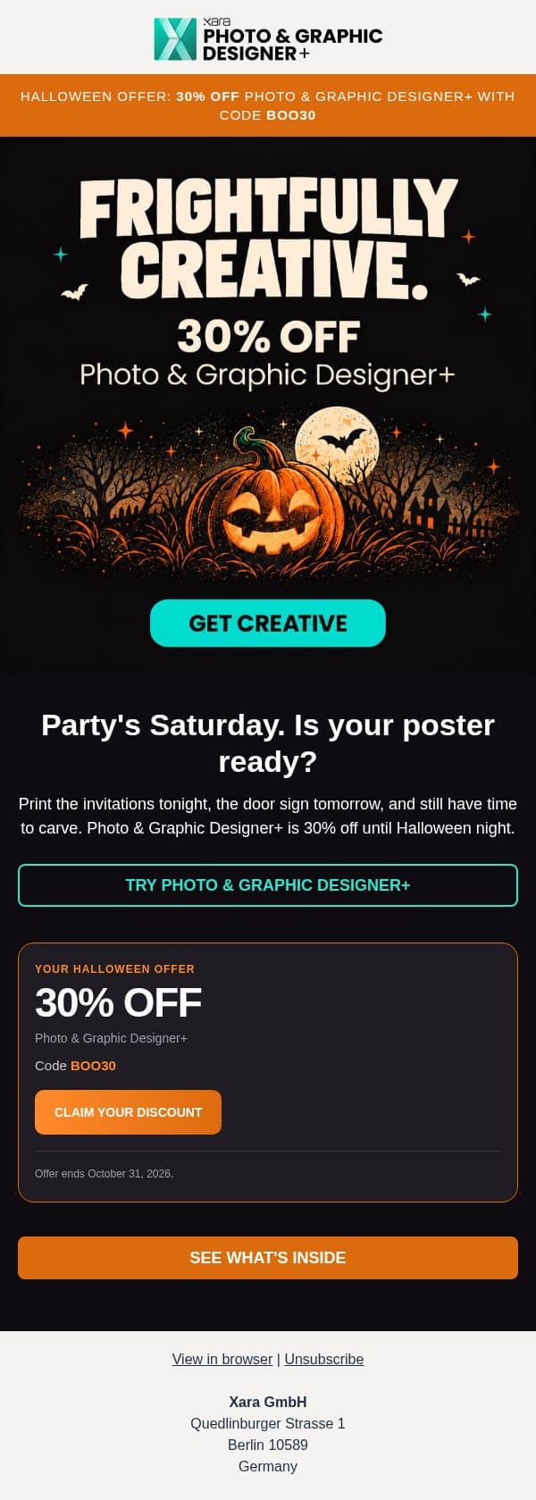Last call for 30% off Photo & Graphic Designer+ email from Xara Web Designer screenshot