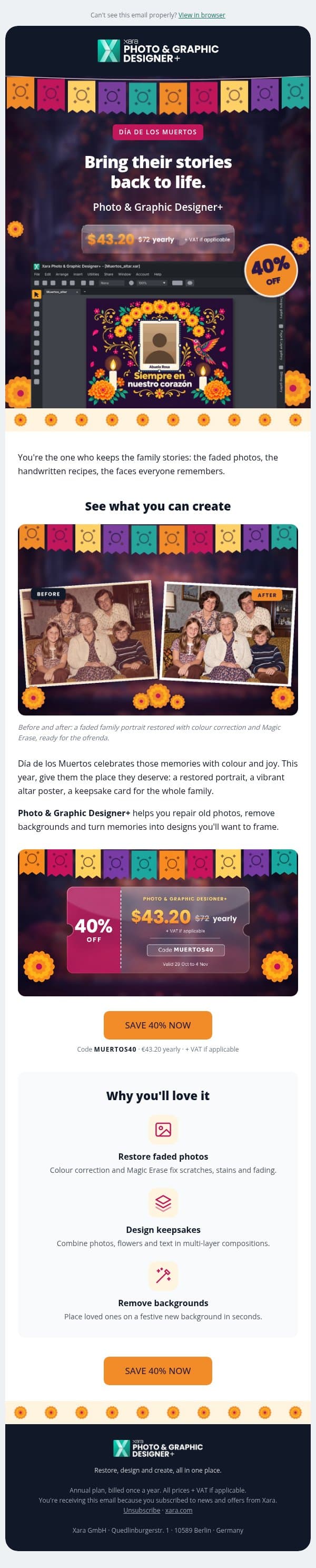Restore, colour and design with Photo & Graphic Designer+ email from Xara Web Designer screenshot
