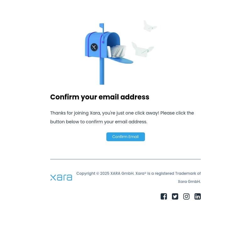Confirm your email address email from Xara Web Designer screenshot