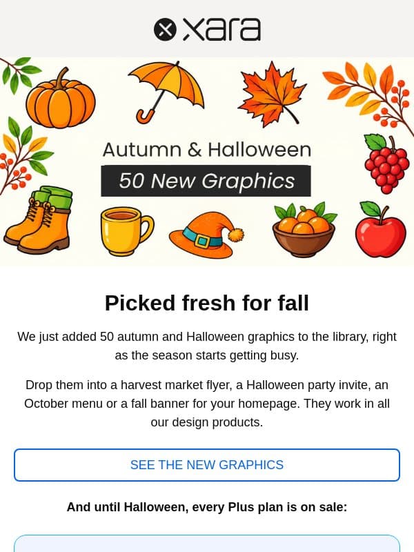 Just in: 50 autumn and Halloween graphics 🎃 email from Xara Web Designer