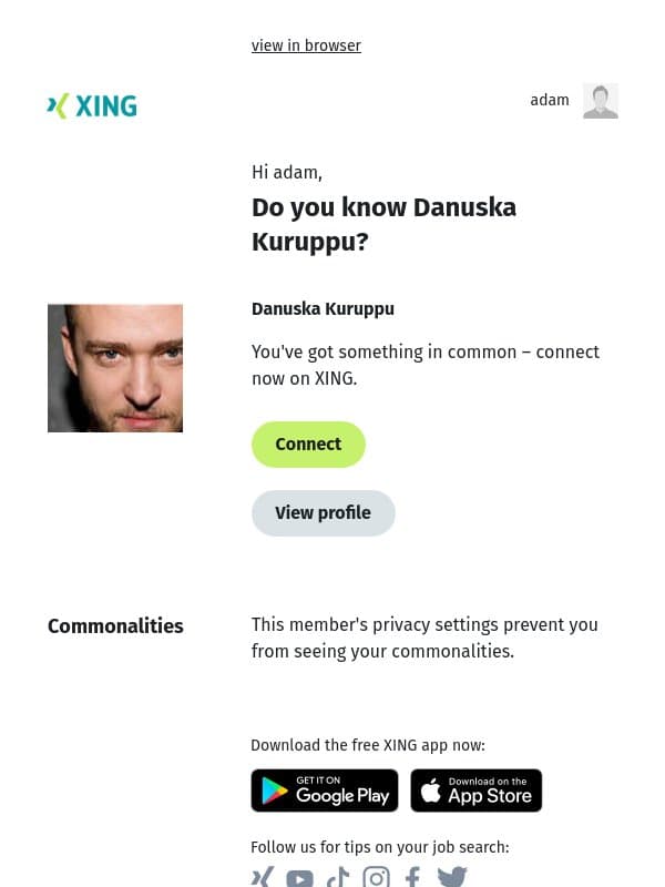 Do you know Danuska Kuruppu? email from Xing