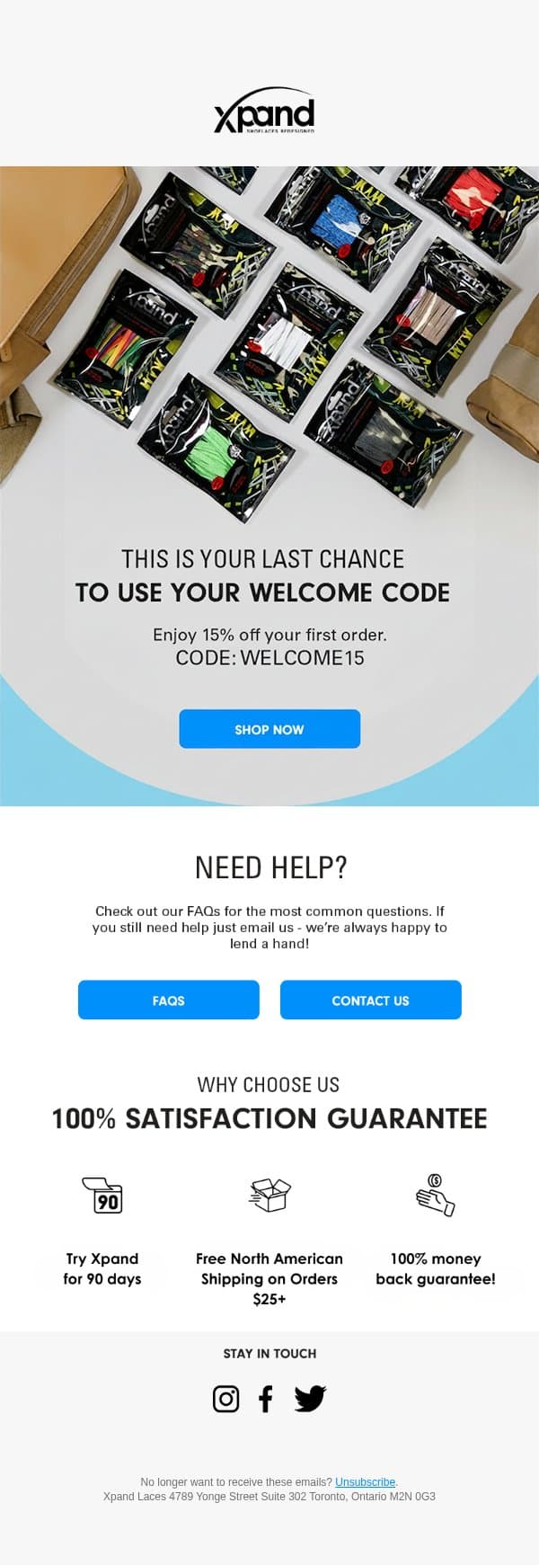 🚨Going, going… your discount welcome code’s almost kaput. email from Xpand Laces screenshot