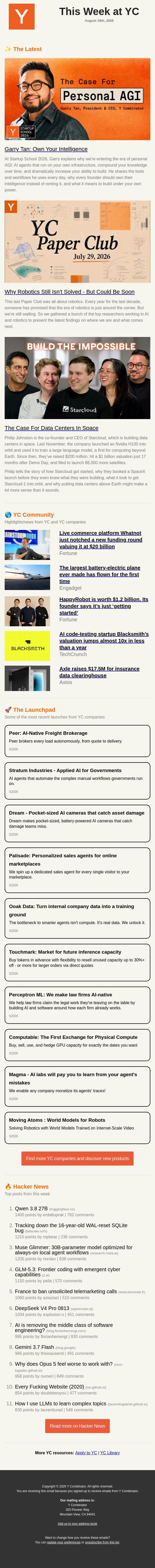 The Case For Personal AGI email from Y Combinator screenshot