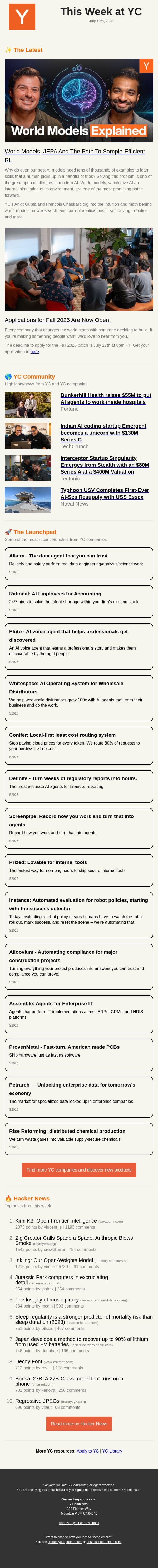 World Models, Explained email from Y Combinator screenshot