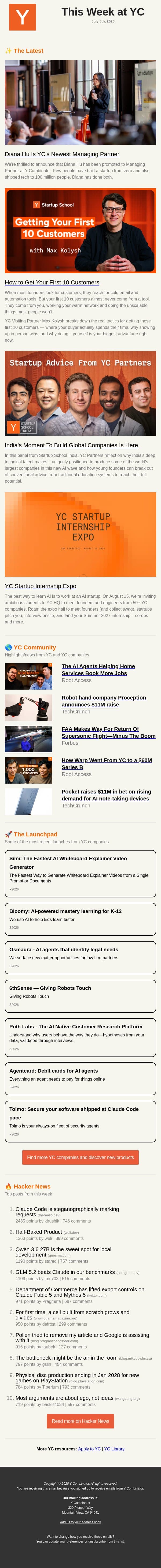 Getting Your First 10 Customers email from Y Combinator screenshot
