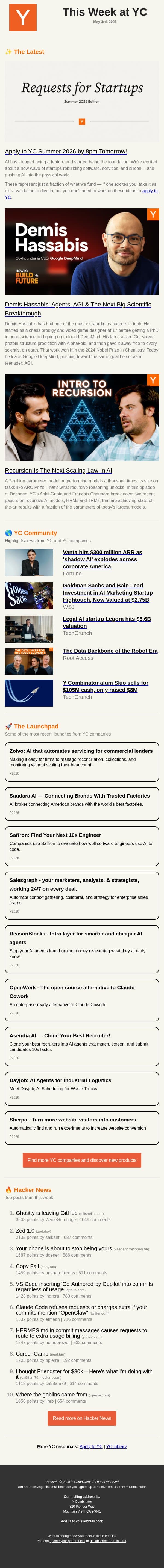 YC's Summer 2026 Request for Startups email from Y Combinator screenshot