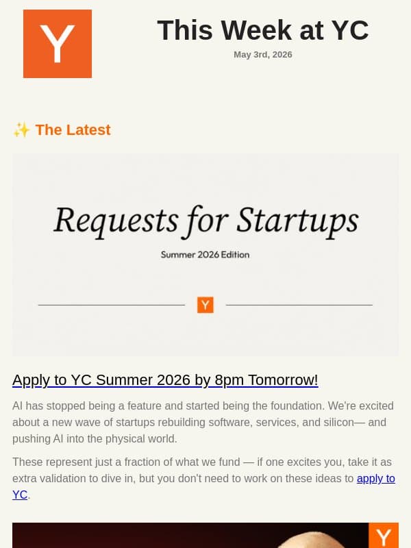YC's Summer 2026 Request for Startups email from Y Combinator