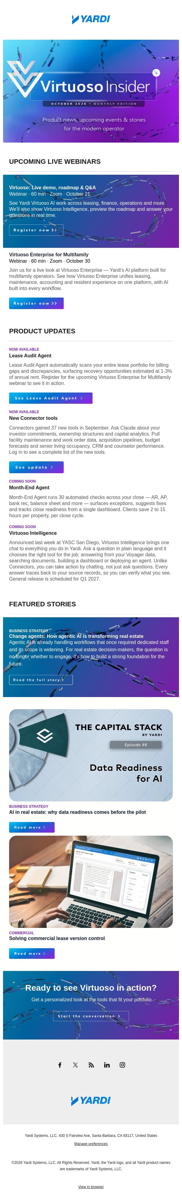 What's new in Virtuoso: Lease Audit Agent, Virtuoso Intelligence & new live webinars email from Yardi Systems screenshot