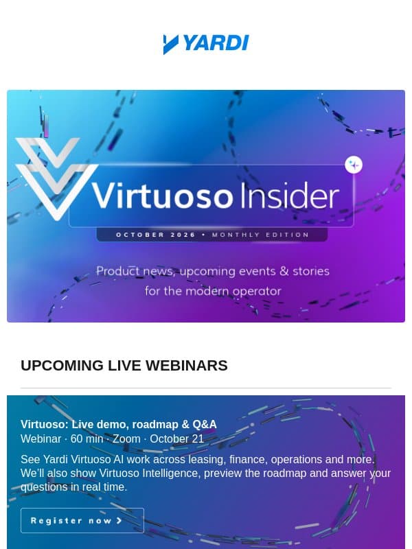 What's new in Virtuoso: Lease Audit Agent, Virtuoso Intelligence & new live webinars email from Yardi Systems