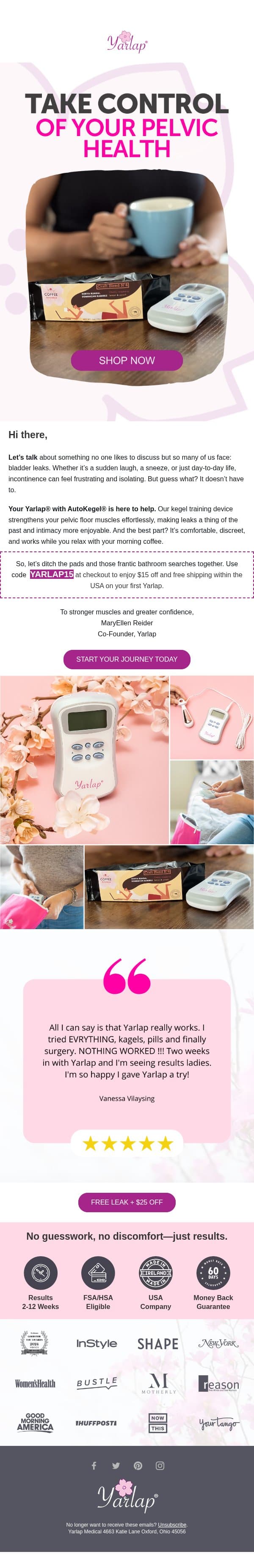 Say Goodbye to Leaks and Hello to Confidence (+ $15 Off!) email from Yarlap screenshot