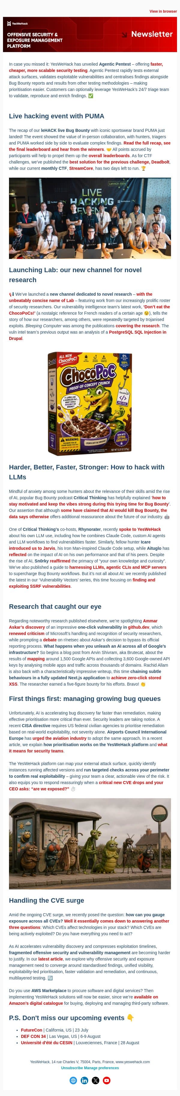 📢 New: Agentic Pentest, PUMA live hack recap & YesWeHack Lab email from YesWeHack screenshot
