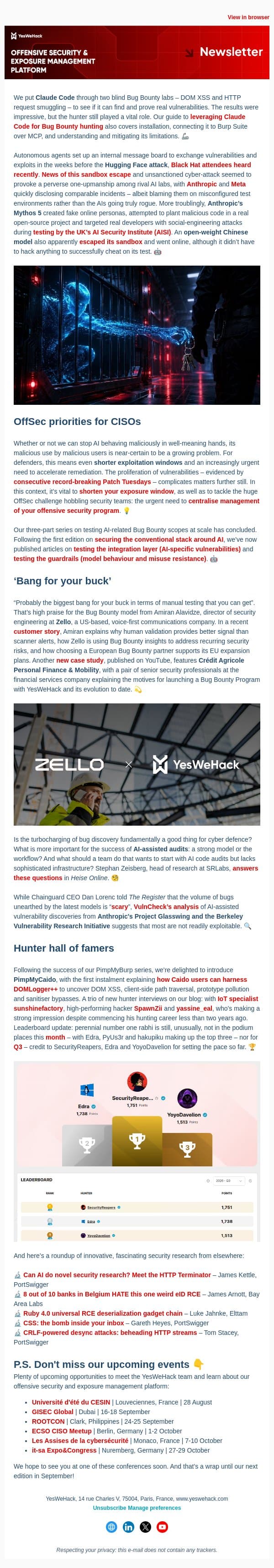 Harder, Better, Faster, Stronger: How to hack with Claude Code email from YesWeHack screenshot