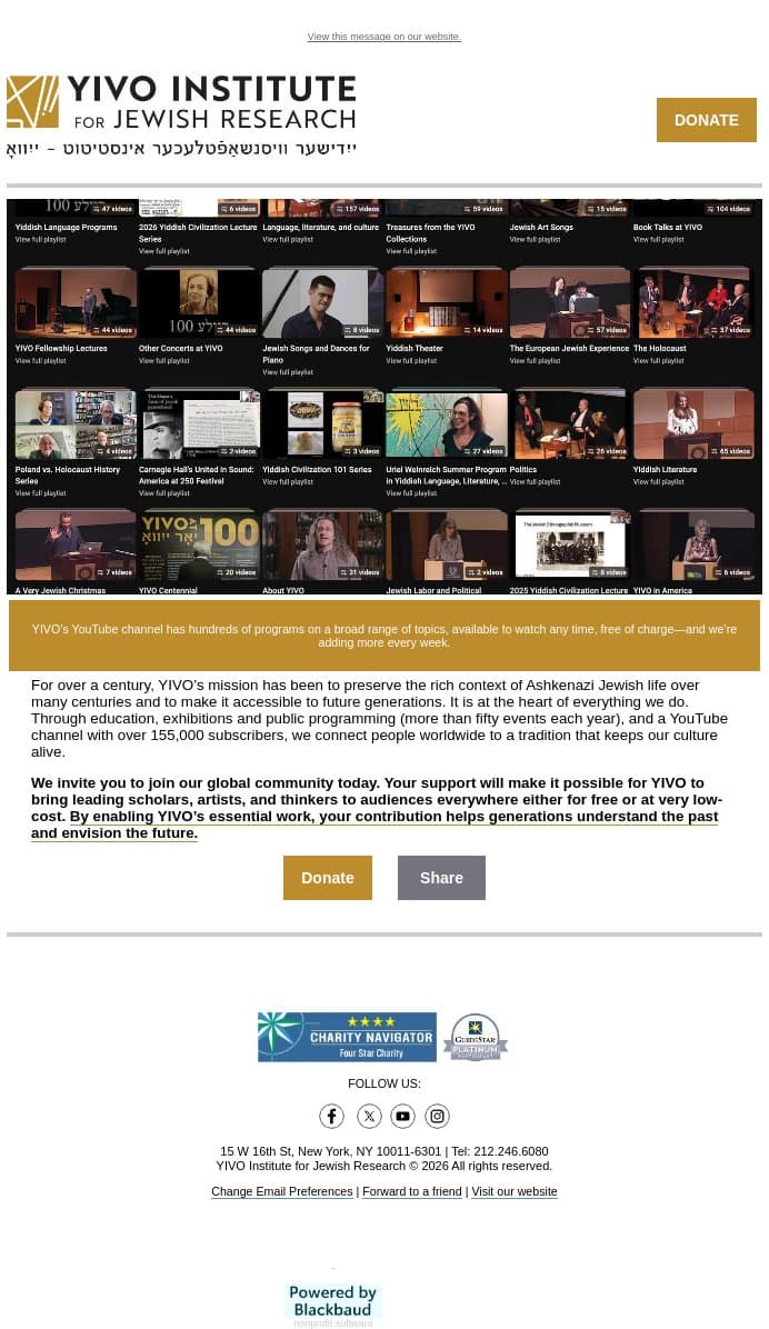 Connect New Generations to Their Heritage email from YIVO Institute for Jewish Research screenshot