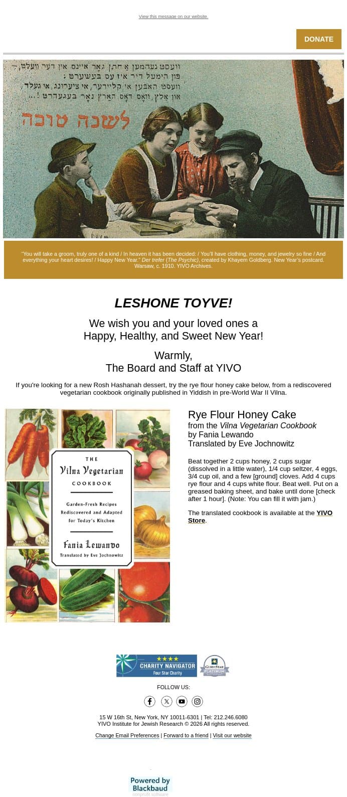 Wishing you A ZIS YOR - a sweet New Year! email from YIVO Institute for Jewish Research screenshot