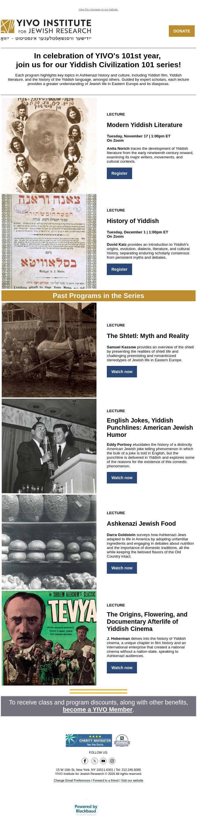 Coming up in our Yiddish Civilization 101 Series: Modern Yiddish Literature email from YIVO Institute for Jewish Research screenshot