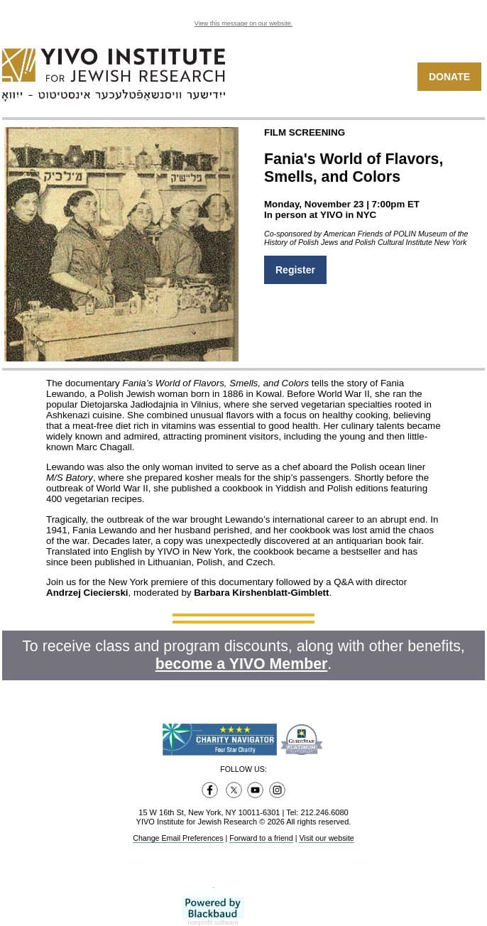 Join us for a documentary about the Polish Jewish vegetarian chef Fania Lewando. email from YIVO Institute for Jewish Research screenshot