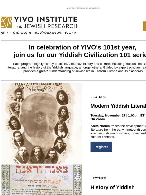 Coming up in our Yiddish Civilization 101 Series: Modern Yiddish Literature email from YIVO Institute for Jewish Research