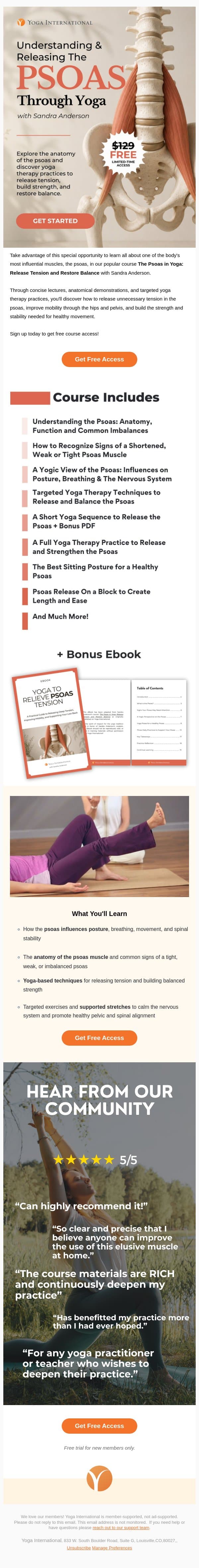 FREE COURSE & EBOOK ACCESS: The Psoas in Yoga 🌀 email from Yoga International screenshot