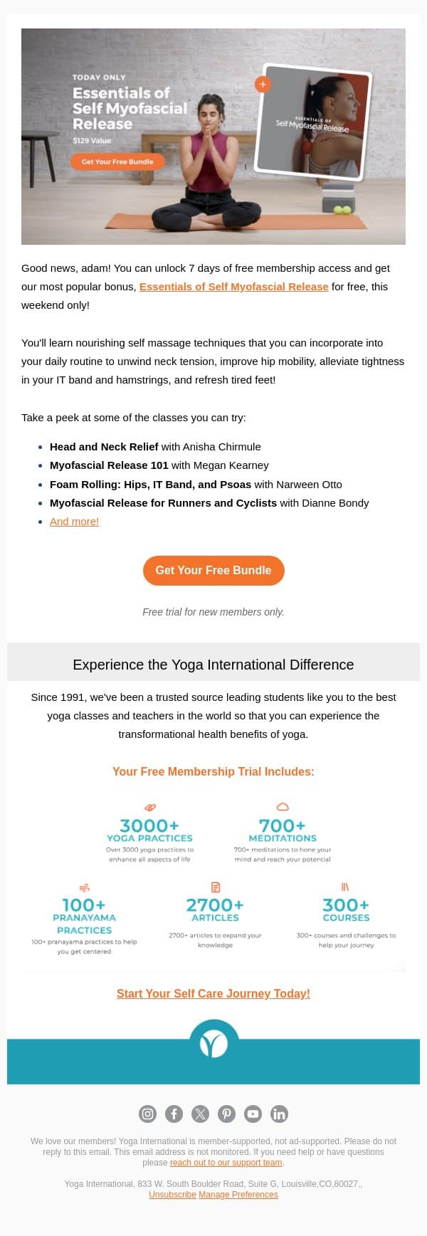 Self Myofascial Release Course — FREE today! email from Yoga International screenshot