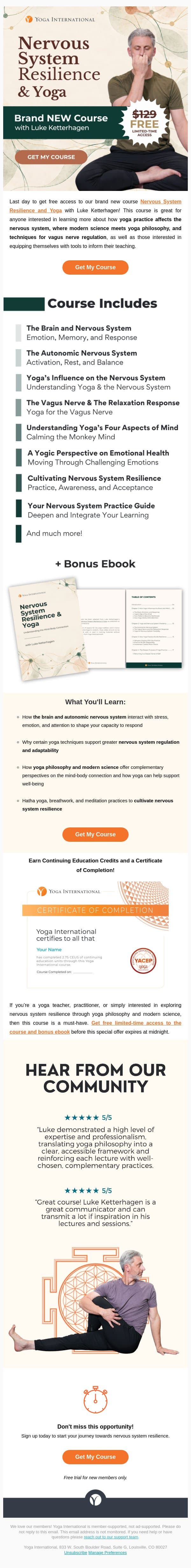 Nervous System Resilience & Yoga đź’› FREE Course Access + Ebook! email from Yoga International screenshot