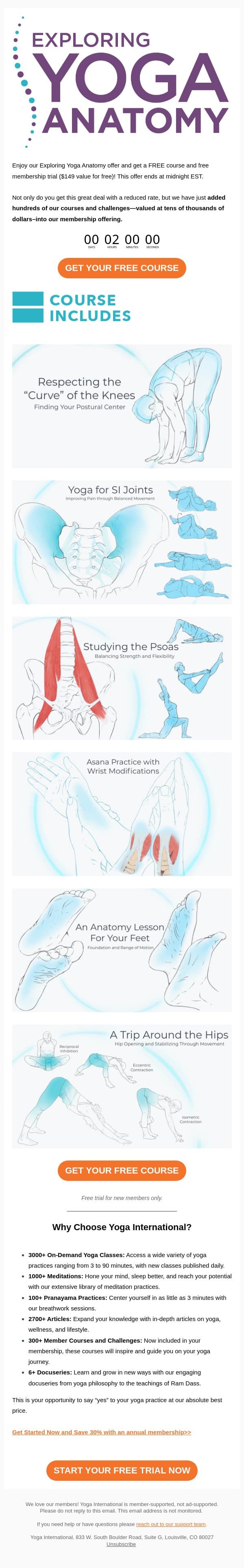 adam, enjoy your FREE course: Exploring Yoga Anatomy and more! email from Yoga International screenshot