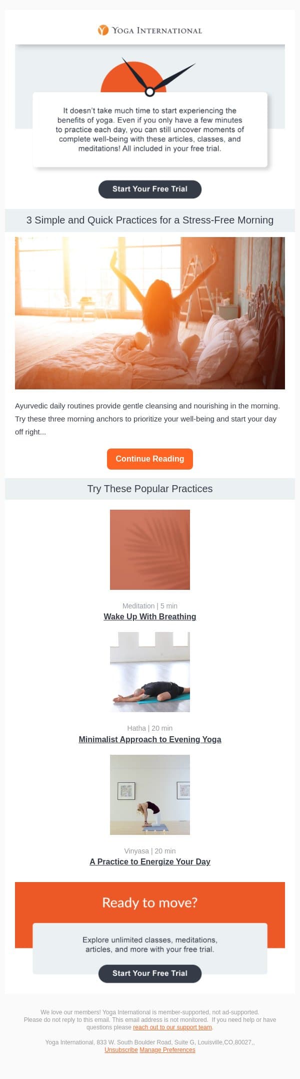 Quick 10-15 minute practices for a stress-free day☀️ email from Yoga International screenshot