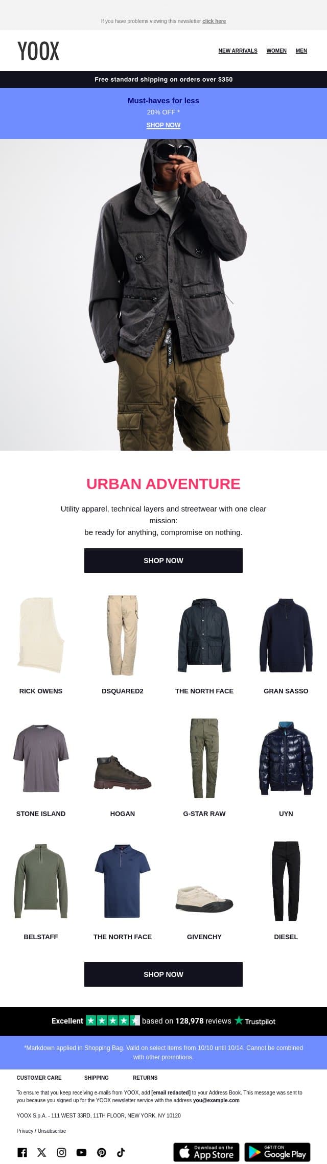 Urban Adventure: utility style and streetwear email from Yoox screenshot