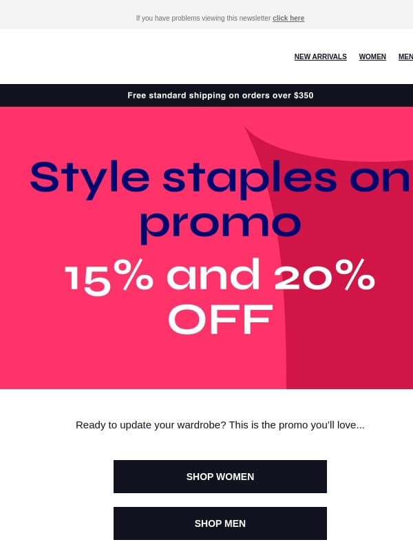 15% and 20% OFF wardrobe staples email from Yoox