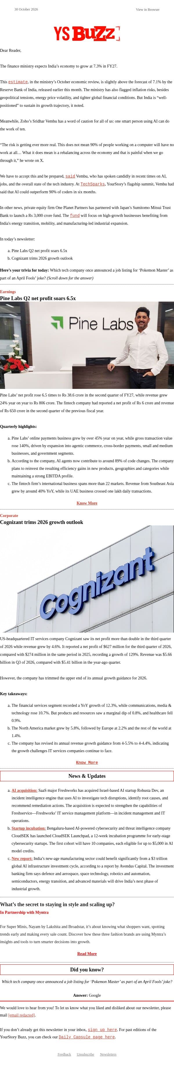 ⏫ Pine Labs Q2 net profit soars 6.5x email from YourStory screenshot
