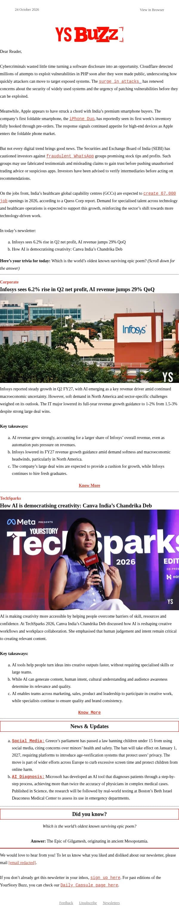 📉 Infosys AI revenue jumps 29%, but growth outlook dims email from YourStory screenshot